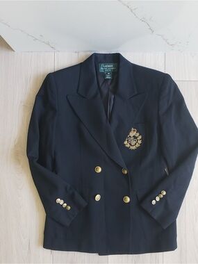 Ralph Lauren Wool Blazer Womens 4 Petite Navy Gold Crest Patch Brass Buttons USA